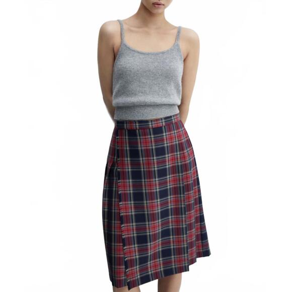 Mango Pleated Midi-Skirt Red Blue NWT Small - Picture 5 of 7